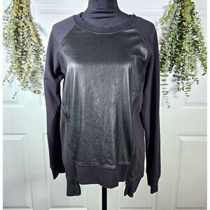 BCBGMAXAZRIA Women's Black Faux Leather Front Crewneck Sweatshirt Size Small Zip